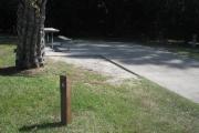 A view of RV site six at Topsail Hill Preserve State Park showing the site marker and a picnic table on a concrete pad to the left of the site.
