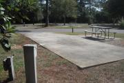 A view of RV site twenty at Topsail Hill Preserve State Park looking towards the front of the site.  A picnic table is next to a concrete pad to the right of the site and utility hook up boxes are to the left. Other RV sites are visible in the background.