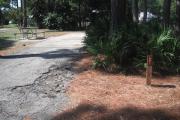 A view of RV site twenty-one at Topsail Hill Preserve State Park showing the site marker in front of a bunch of saw palmetto and a picnic table to the left of the site.