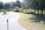 View of campsite #5 from site entry â This is a pull-through campsite, with an asphalt pad for camping units.  On the left of the asphalt pad is the electric hookup and water spigot, surrounded by a protective wooden enclosure.  On the right are a picnic table and a circular ground grill.