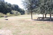 From the side of campsite #10 - Ground is scattered with green and brown grass, partial shade is provided by small oak trees.  Far left is electric hookup and water spigot, surrounded by a protective wooden enclosure.