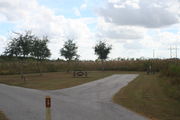 View of campsite #17 from site entry â This is a back-in campsite, with an asphalt pad for camping units.  On the right of the asphalt pad is the electric hookup and water spigot, surrounded by a protective wooden enclosure.  On the left are a circular ground grill and a picnic table.  Small oak trees line the left side of the campsite.
