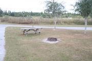 Looking from the back of campsite #17 - Ground is scattered with green and brown grass and scattered grey soil.  Center of photo is circular ground grill and picnic table.