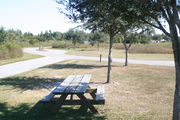 At the back of campsite #19 looking towards road â Ground cover is green and brown grass with patches of grey soil.  In the center of photo is a picnic table.