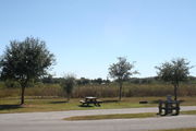 Looking at campsite #20 from opposite side of road â Ground cover is green and brown grass, with patches of grey soil.  Small oak trees providing sporadic shade near the back of site.  Far right of the photo is electric hookup and water spigot.  Picnic table and circular ground grill are visible.