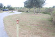 View of campsite #24 from site entry â This is a pull-through campsite, with an asphalt pad for camping units.  On the left of the asphalt pad is the electric hookup and water spigot, surrounded by a protective wooden enclosure.  On the right are a picnic table and a circular ground grill.