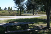 At the back of campsite #26, looking towards campground road - Ground cover is green and brown grass, with patches of grey soil.  Partial shade is provided by small oak trees.  Picnic table, circular ground grill are visible in the center of photo.