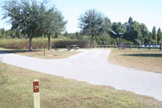 View of campsite #29 from site entry â This is a back-in campsite, with an asphalt pad for camping units.  On the right of the asphalt pad is the electric hookup and water spigot, surrounded by a protective wooden enclosure.  On the left is a 12â x 20â concrete pad with a picnic table.  Near the concrete pad are a circular ground grill and a pedestal grill.