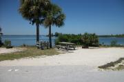 The back has a view of the inlet. The front of is open to the street. There is a gravel drive in the center of the site. There are two palms next to a picnic table and a fire ring on the left.