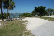 The back has a view of the inlet. The front is open to the street. There is a gravel drive in the center of the site. The left side has two palms next to a picnic table with a fire ring behind it. An open grassy area is on the right.