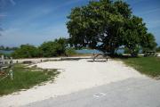 The back has a view of the inlet. The front is open to the street. There is a gravel drive in the center of the site. There is a fire ring on the left and a picnic table in front of a lush sea grape on the right.