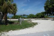 The back has a view of the inlet. The front is open to the street. There is a gravel drive in the center of the site. The left side has a sable palm tree.