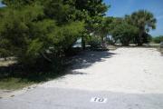 The front is open to the street and the back faces a street. There is a gravel drive in the center and a grassy area on the right and left sides. The left side of the site has a picnic table next to several trees. The right side has an open grassy area.
