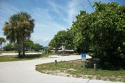 The campsite is handicap accessible. The front is open to the street and the back faces a street. There is a gravel drive in the center of the site. A picnic table with a fire ring behind it is on the left.  A large sea grape is on the right.