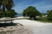 The front is open to the street and the back faces a street. There is a gravel drive in the center of the site. There is a picnic table on the left next to a palm tree.