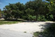 The front is open to the street. The back is densely packed with foliage. There is a gravel drive in the center.  The site is surrounded by trees. There is a picnic table on the left.