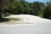The front is open to the street. The back is filled with greenery. There is a gravel drive in the center of the site. The right side has a grassy area with cedars and a palm. There is picnic table with a fire ring behind it on the left.
