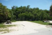 The front is open to the street. The back is packed with foliage. There is a gravel drive in the center of the site. The right side has a row of trees. A picnic table is on the left.