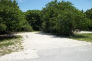 The front is open to the street. The back is densely packed with foliage. There is a gravel drive in the center of the site. The site is surrounded by trees. A picnic table with a fire ring behind it is on the left.