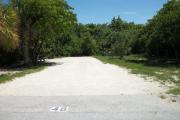 The front is open to the street. The back is densely packed with foliage. There is a gravel drive in the center of the site. A picnic table is nestled against sea grapes and palms on the left. Trees surround the site.