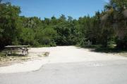 The front is open to the street. The back is packed with foliage. There is a gravel drive in the center of the site. Trees surround the site. A picnic table with a fire ring behind it is on the left.